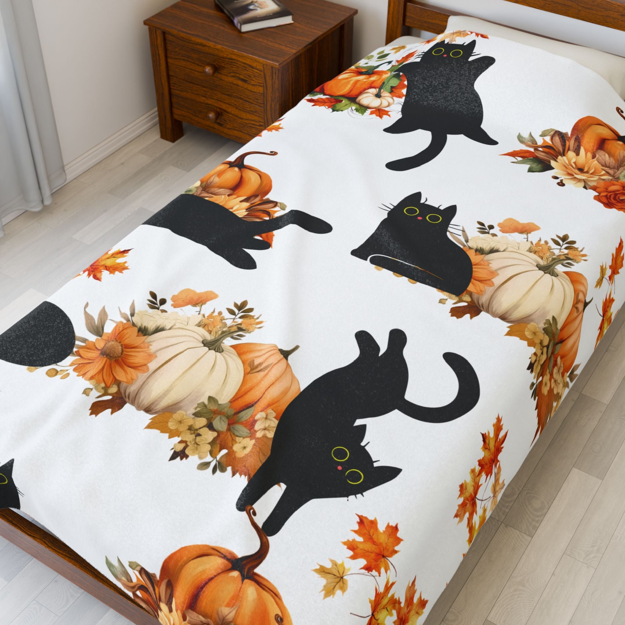 Cats Pumpkins White Blanket