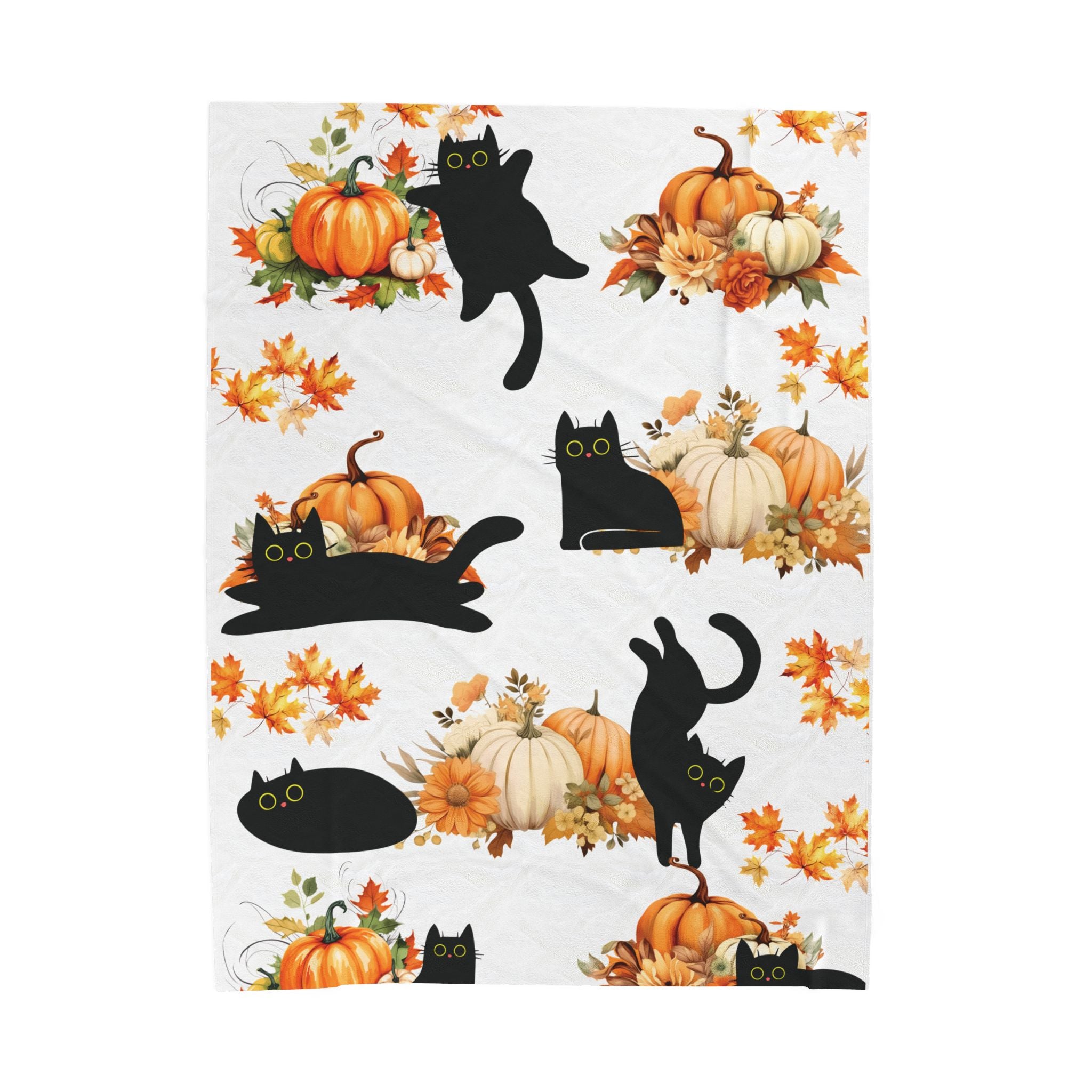 Cats Pumpkins White Blanket